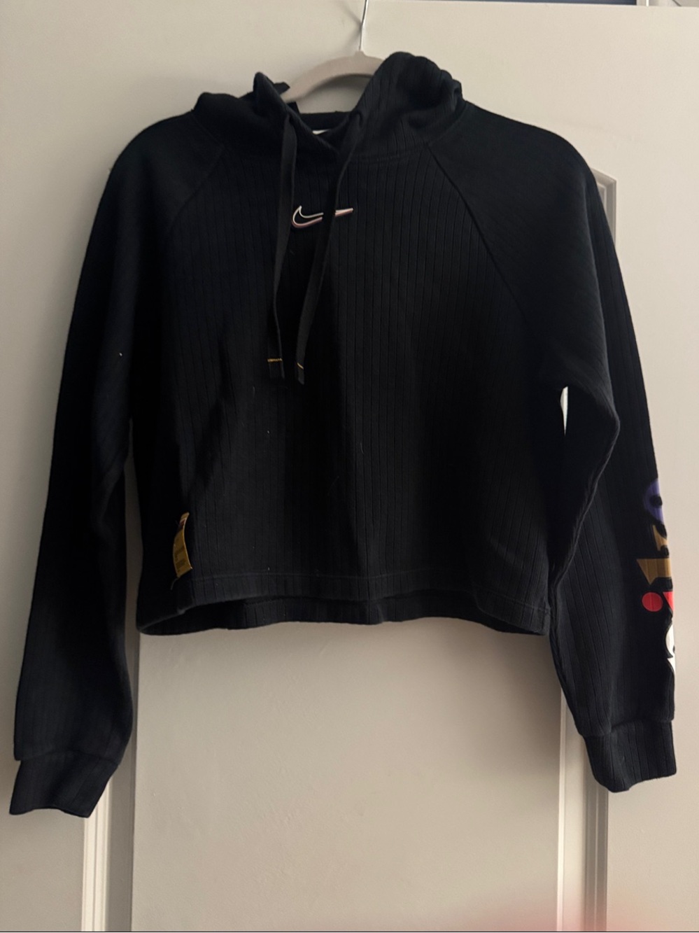 Nike Black Cropped Hoodie with Multicolor Sleeve Accents
